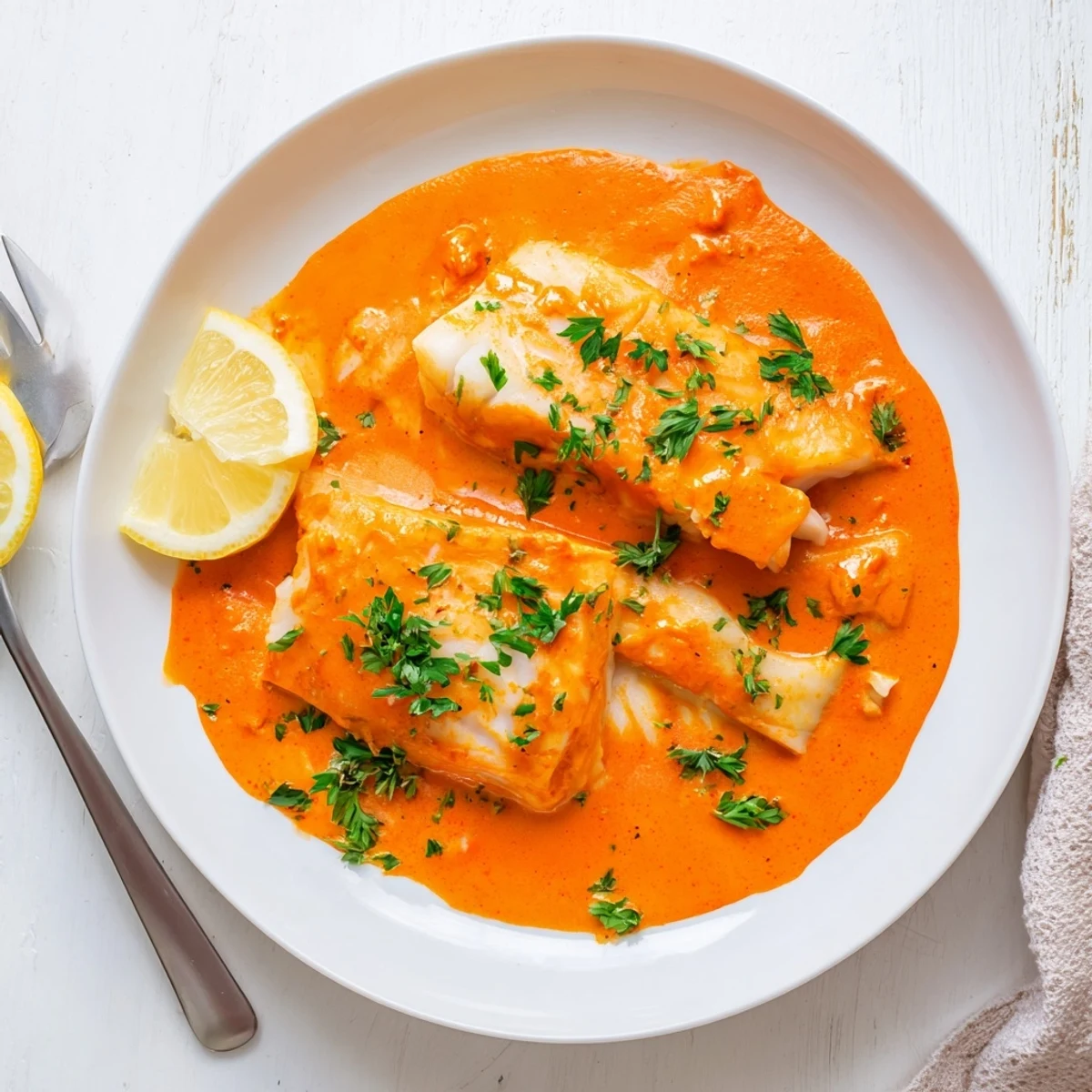 White fish fillets swimming in a rich orange red pepper sauce topped with chopped fresh herbs