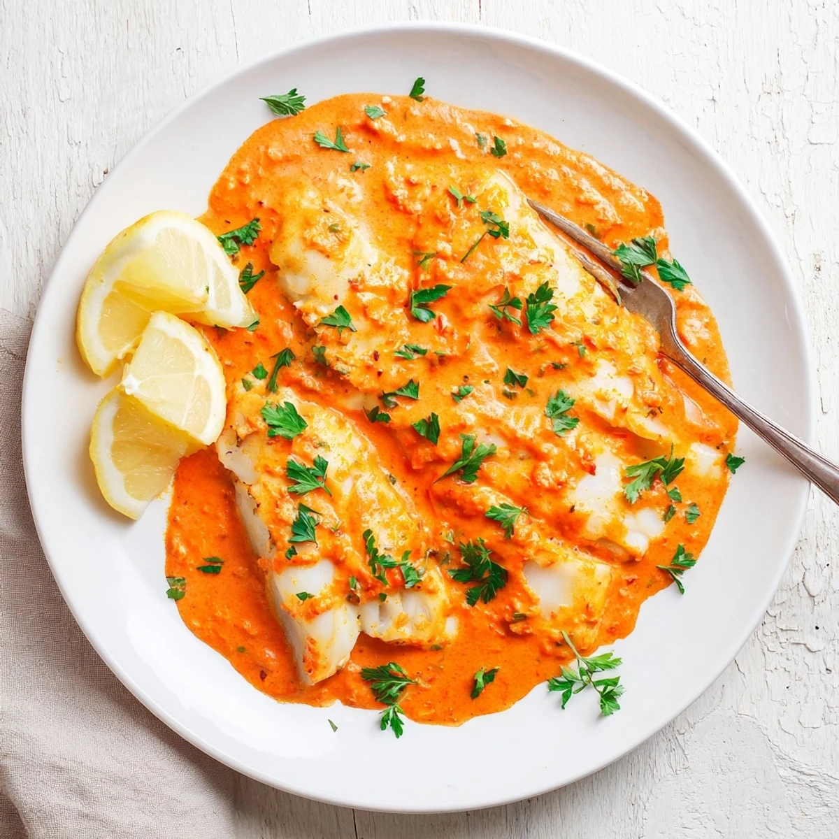 Golden seared cod simmered in a smooth Mediterranean roasted red pepper sauce served with lemon wedges