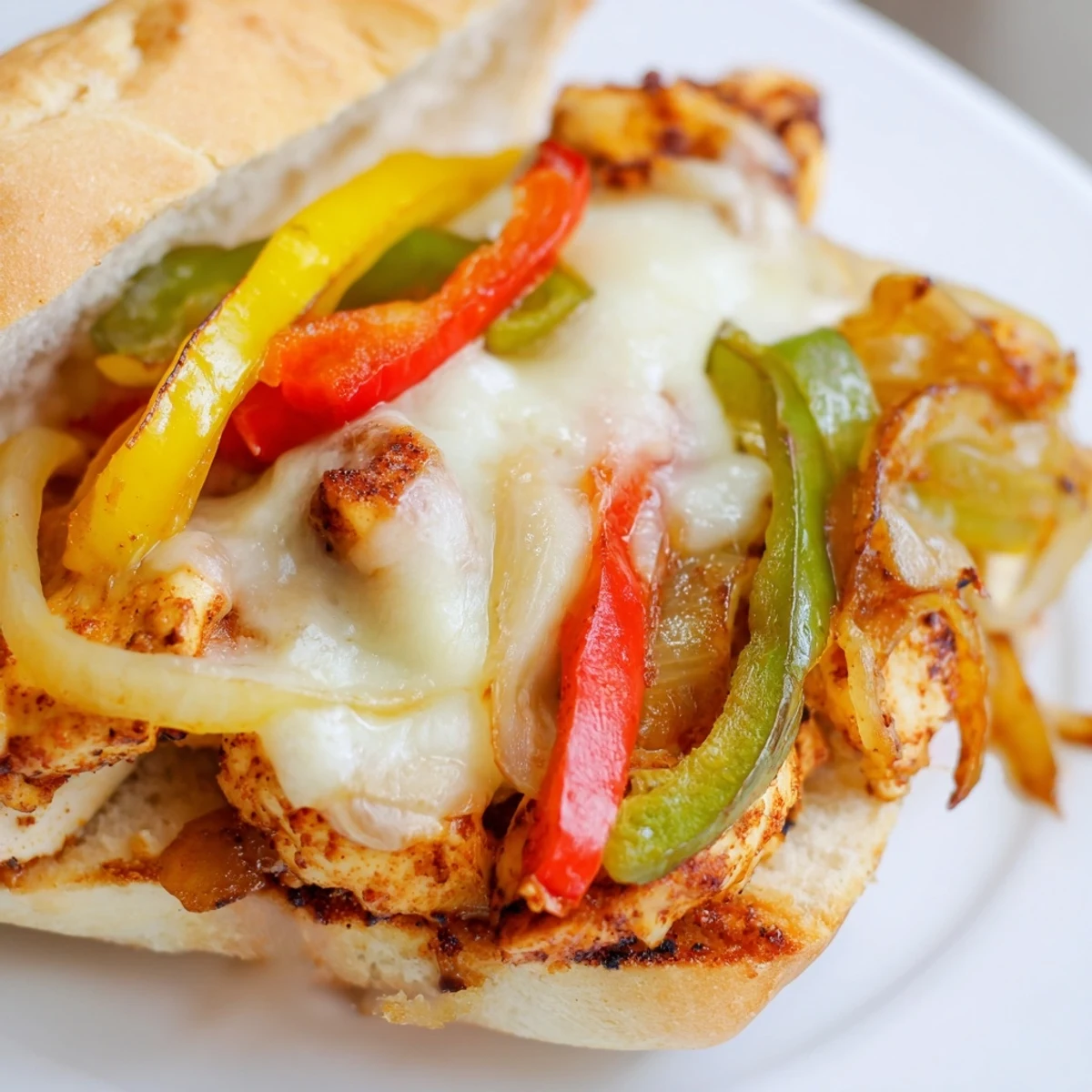 Golden hoagie roll piled high with seasoned chicken, sautéed peppers, onions, and melted provolone cheese for this ultimate chicken cheese steak sandwich