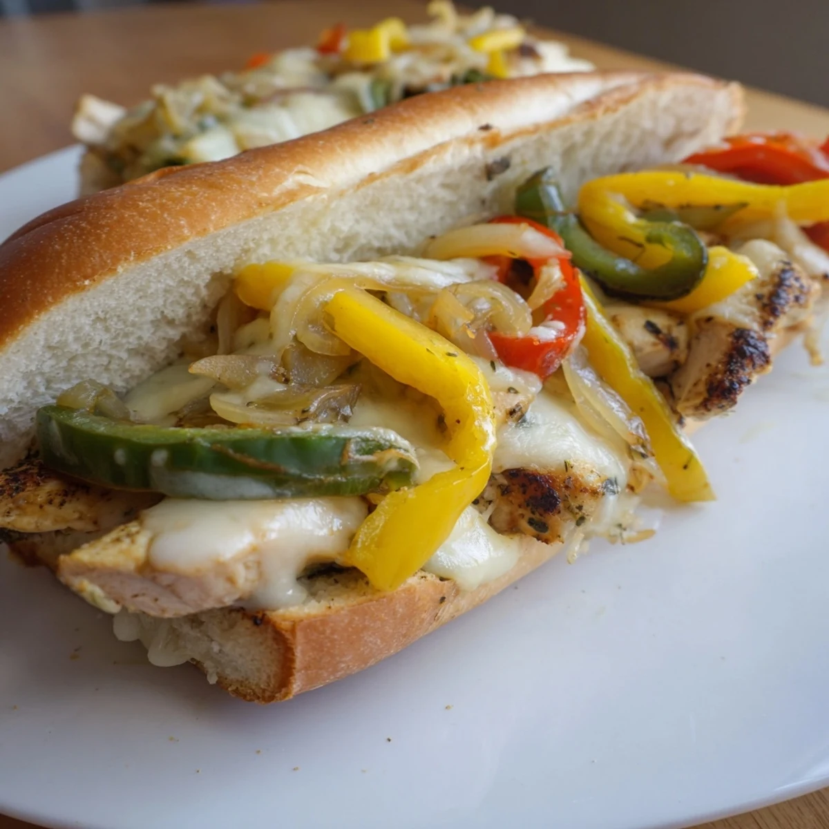 Toasted sandwich overflowing with juicy sliced chicken, caramelized vegetables, and gooey cheese creating the perfect ultimate chicken cheese steak experience