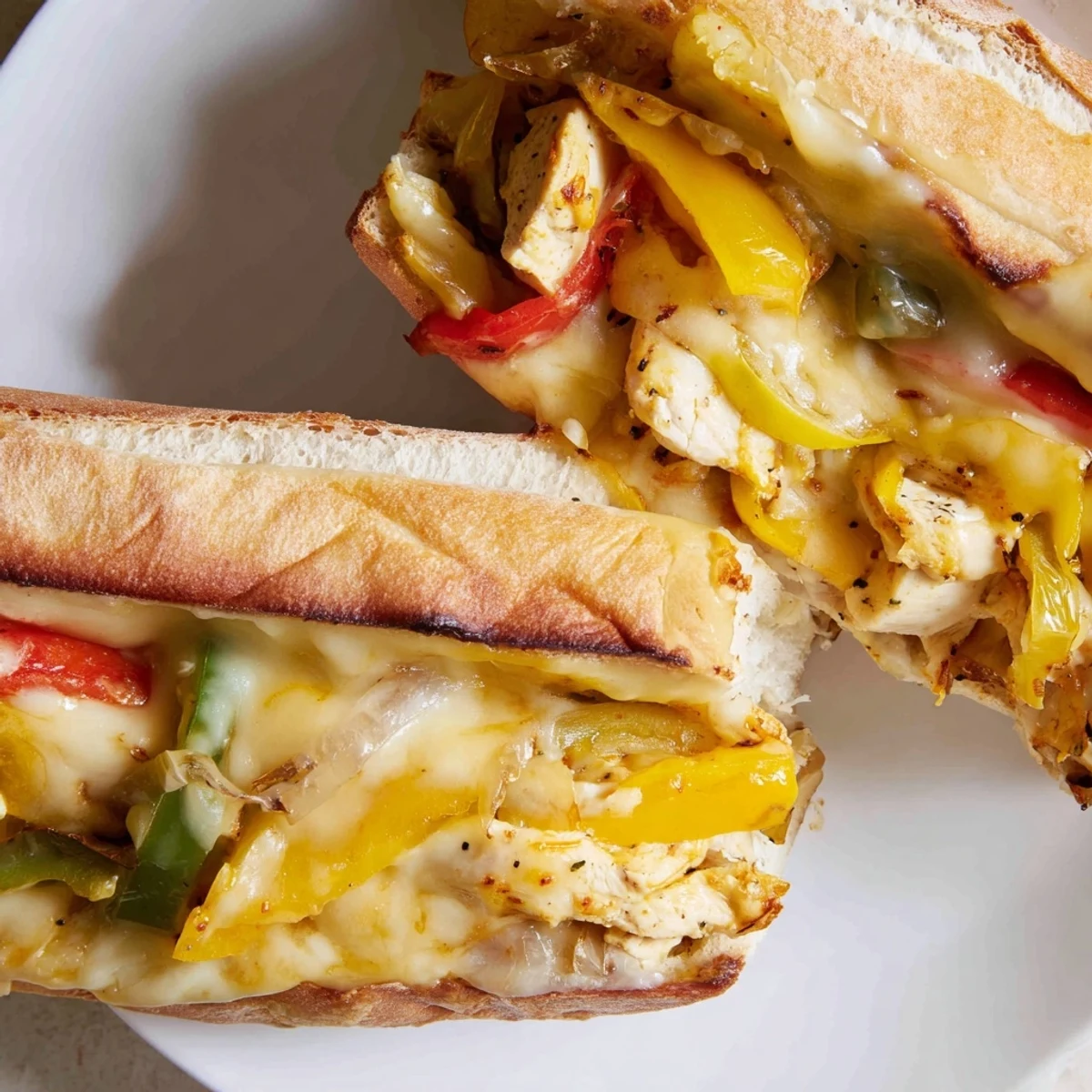 Close-up of ultimate chicken cheese steak sandwich featuring spiced chicken breast, colorful bell peppers, onions, and bubbling provolone on a warm roll