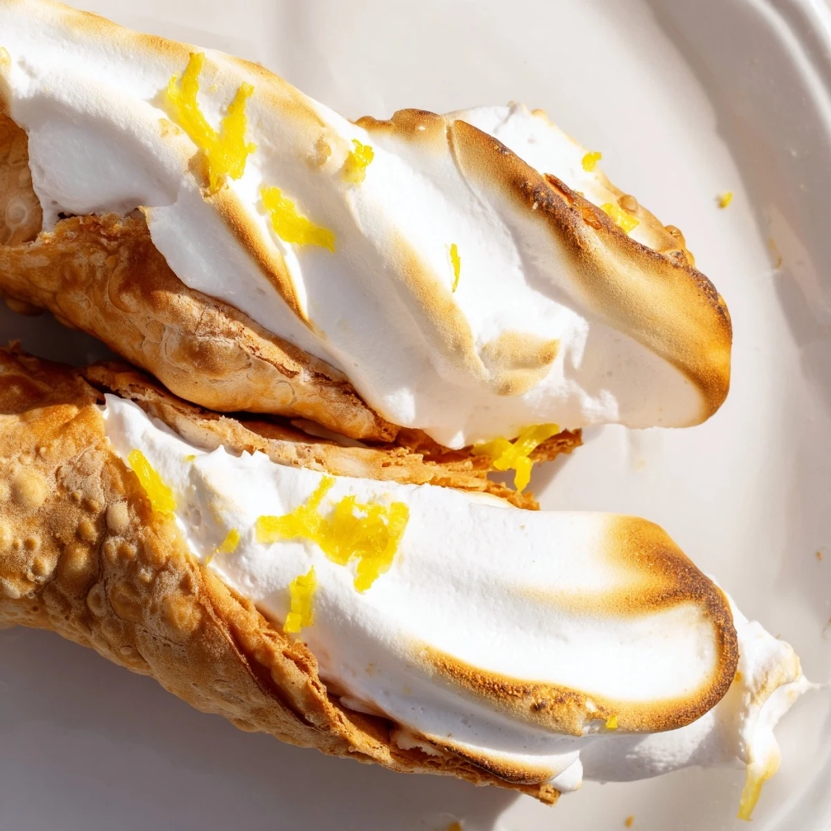 Crispy Easy Lemon Meringue Cannoli filled with zesty cream and toasted meringue topping