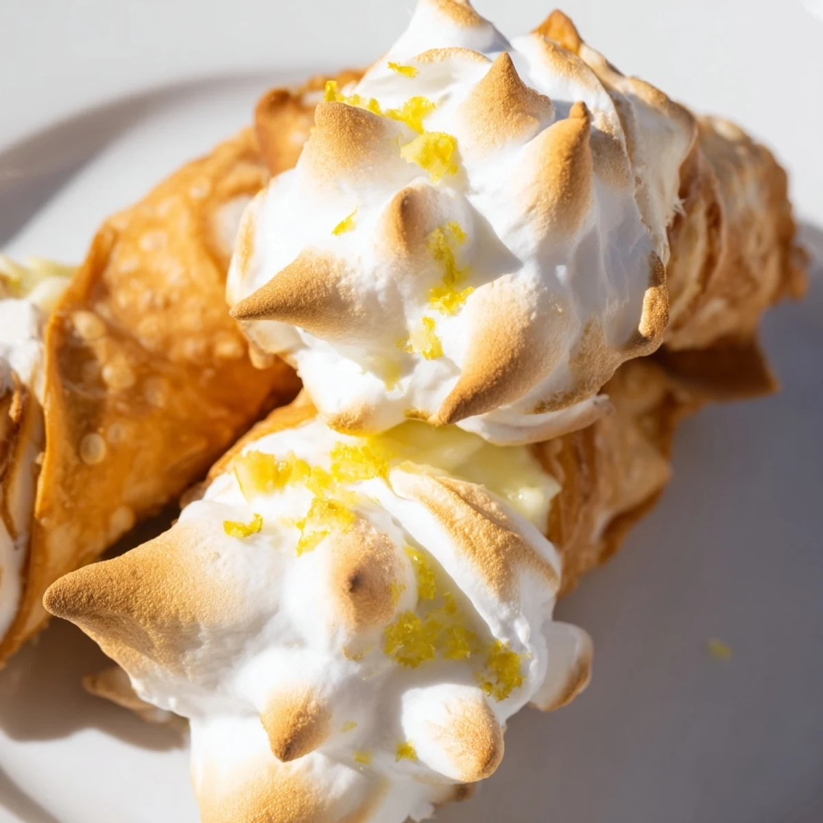 Close up of Easy Lemon Meringue Cannoli showing fluffy meringue and crispy shells