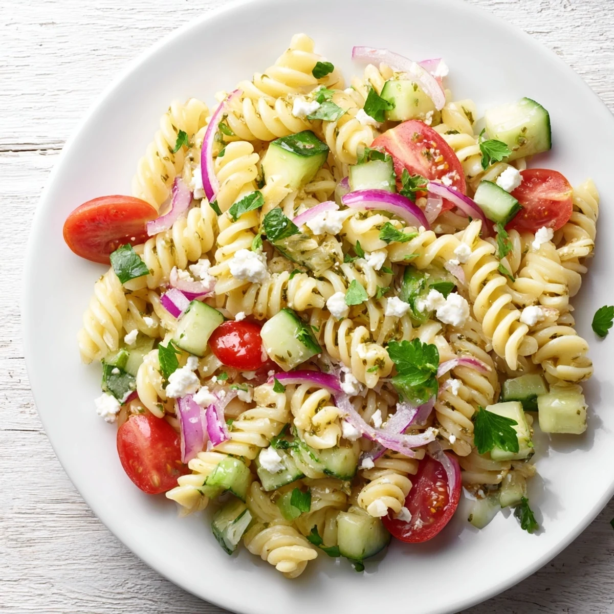 Colorful lemon pasta salad bowl with cherry tomatoes, cucumber, and fresh herbs tossed in tangy dressing