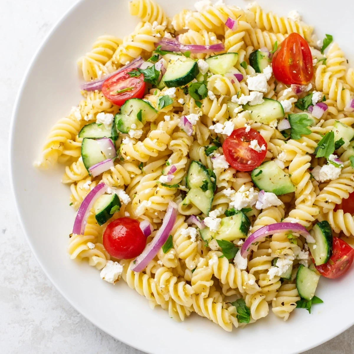 Refreshing cold pasta salad featuring zesty lemon, crisp vegetables, and crumbled feta on a white serving platter
