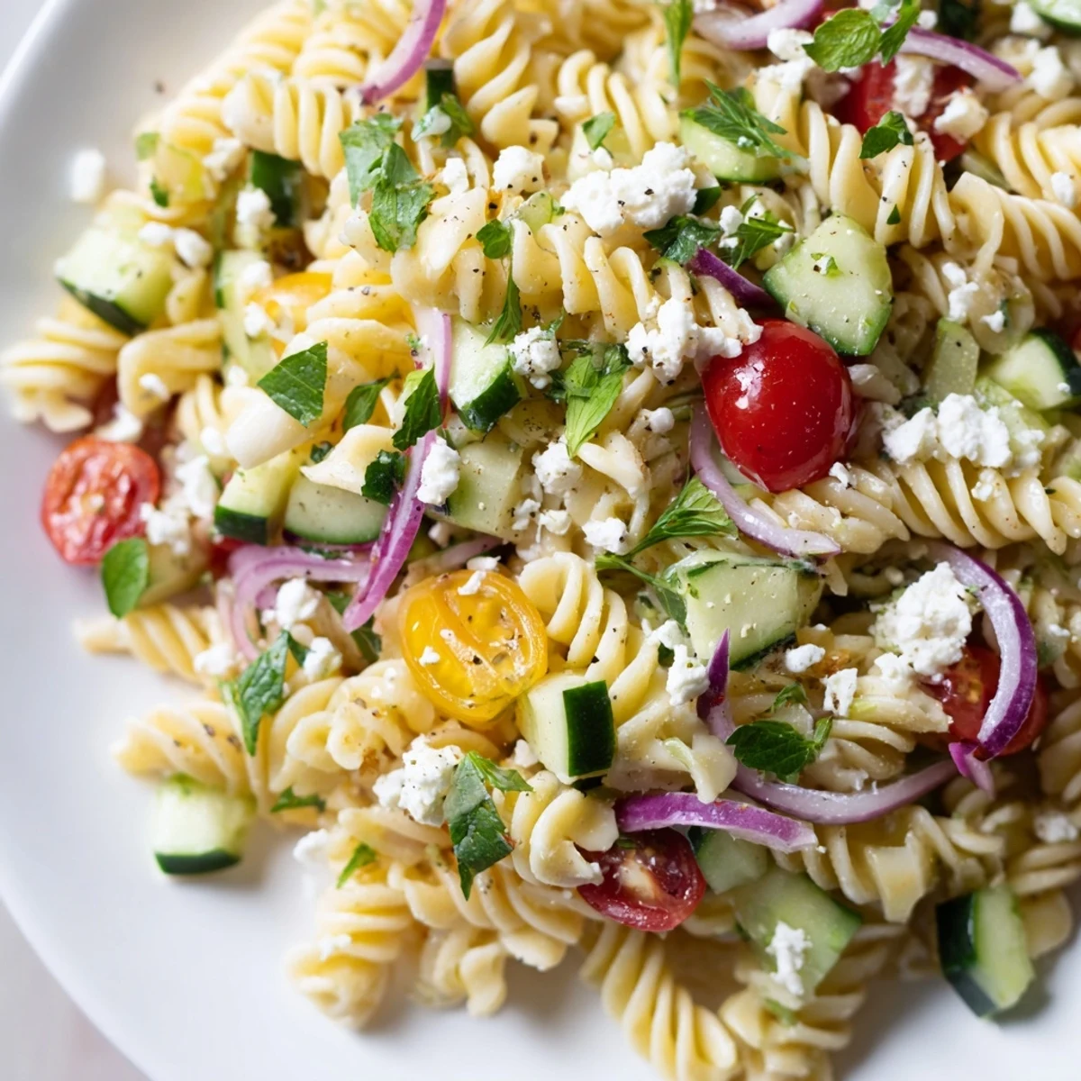 Mediterranean-style lemon pasta salad with al dente noodles, vibrant produce, and citrus-infused dressing for summer gatherings