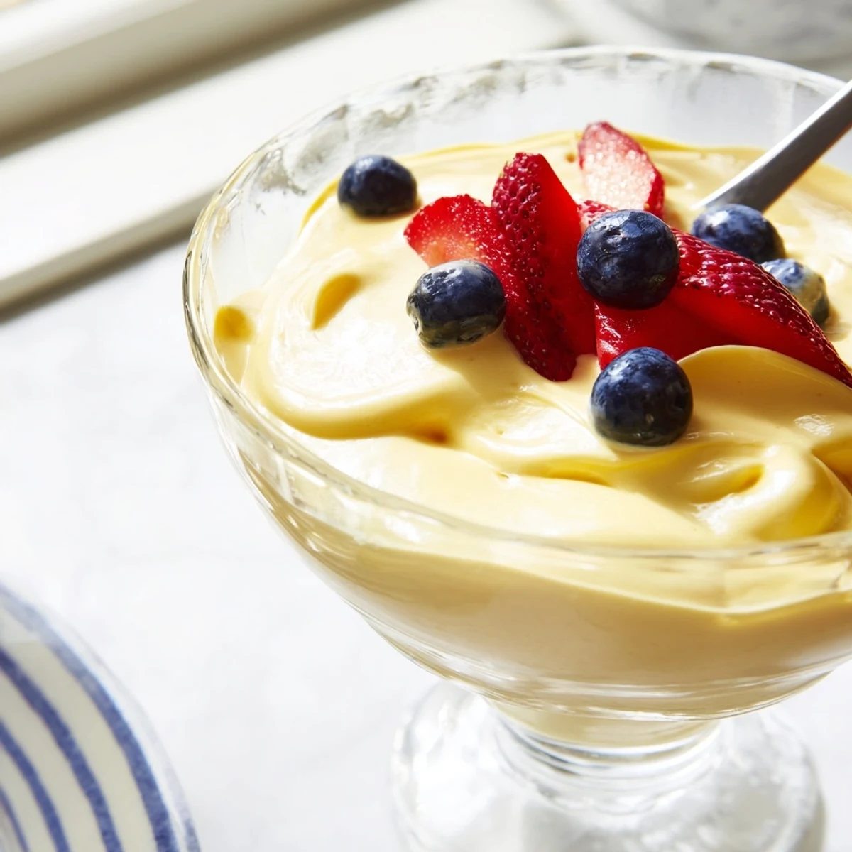 Golden zabaglione custard served warm in elegant glasses with fresh red berries