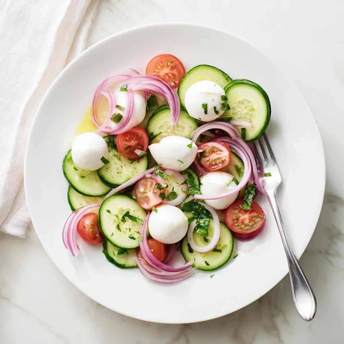 Fresh cucumber mozzarella salad with cherry tomatoes and herbs in a serving bowl