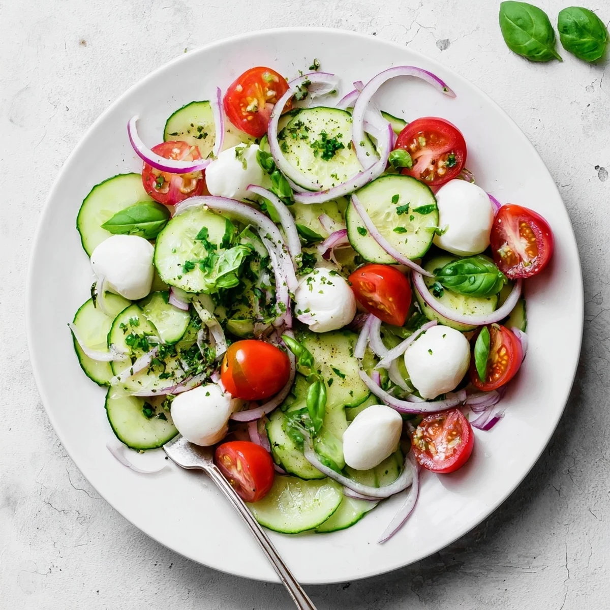 Crisp cucumbers and creamy mozzarella drizzled with olive oil herb dressing on white plate