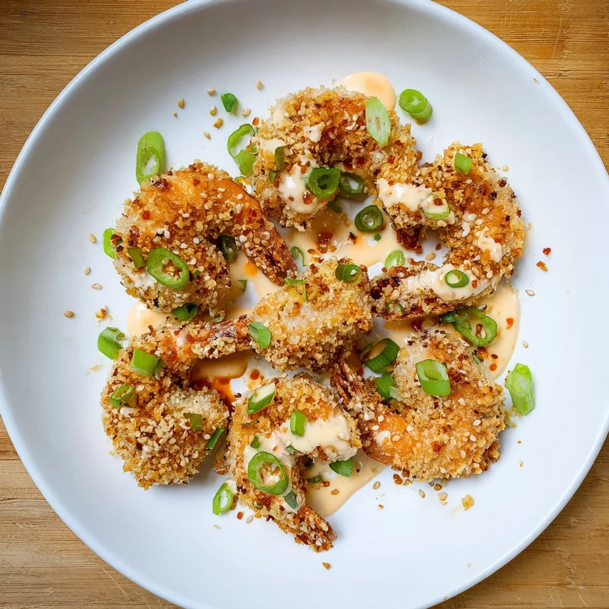 Plate of Bang Bang Shrimp appetizer sprinkled with sesame seeds and scallions