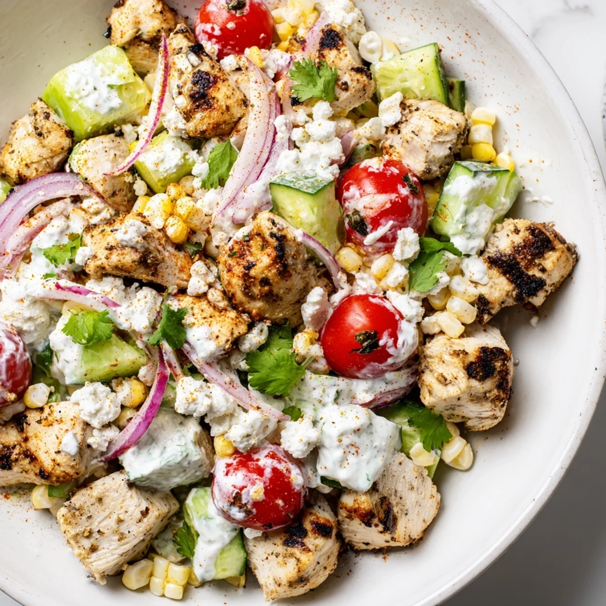 Colorful bowl of street corn creamy cucumber chicken salad topped with crumbled cotija cheese and fresh cilantro