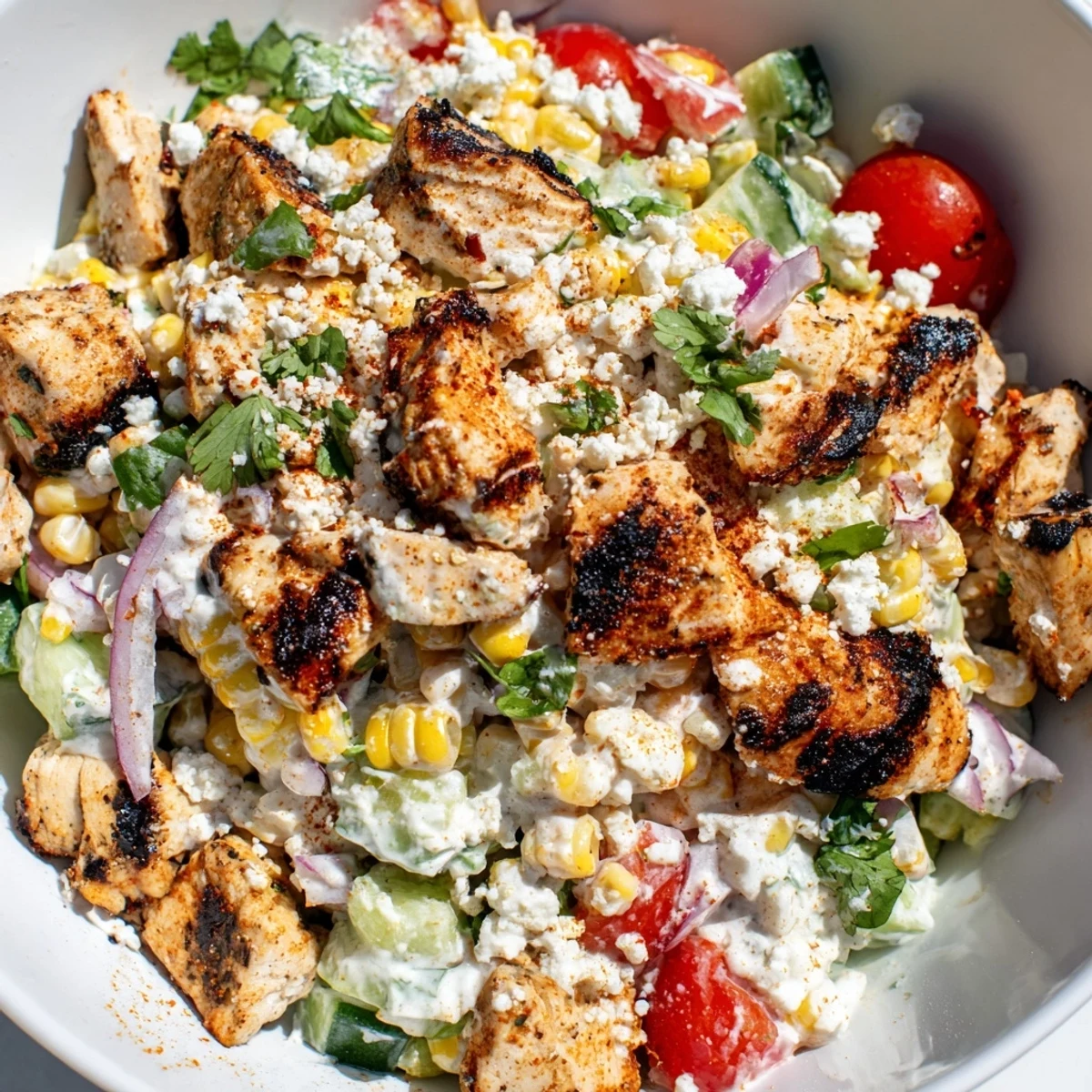 Grilled chicken and charred corn tossed with crisp cucumber in a zesty creamy dressing for summer dining