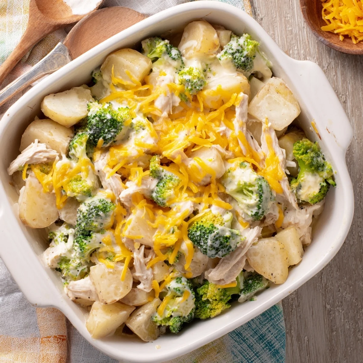 Golden baked potato chicken broccoli casserole topped with melted cheddar cheese and fresh herbs