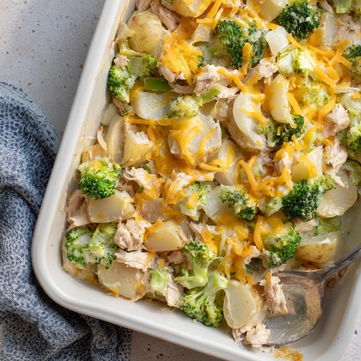 Creamy chicken broccoli potato casserole served bubbling hot from a rectangular baking dish