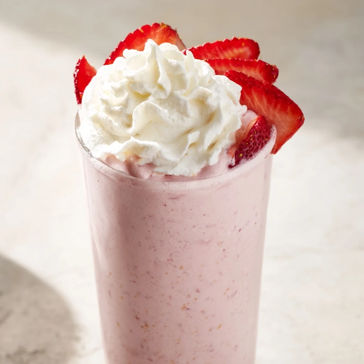 Tall glass of refreshing strawberry cream Frappuccino topped with whipped cream and fresh sliced strawberries