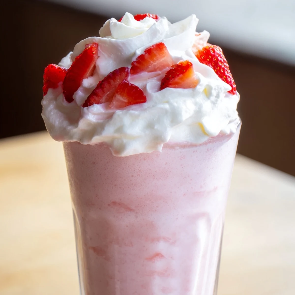 Creamy blended strawberry Frappuccino drink with ice swirls and vanilla bean flecks in clear glass