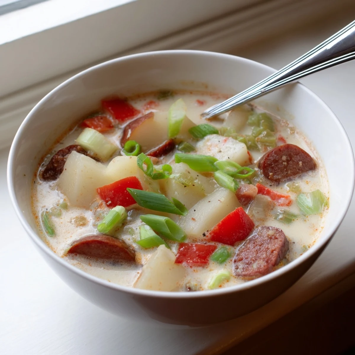 Creamy Cajun potato soup with smoky Andouille sausage, diced potatoes, and colorful vegetables in a rustic bowl