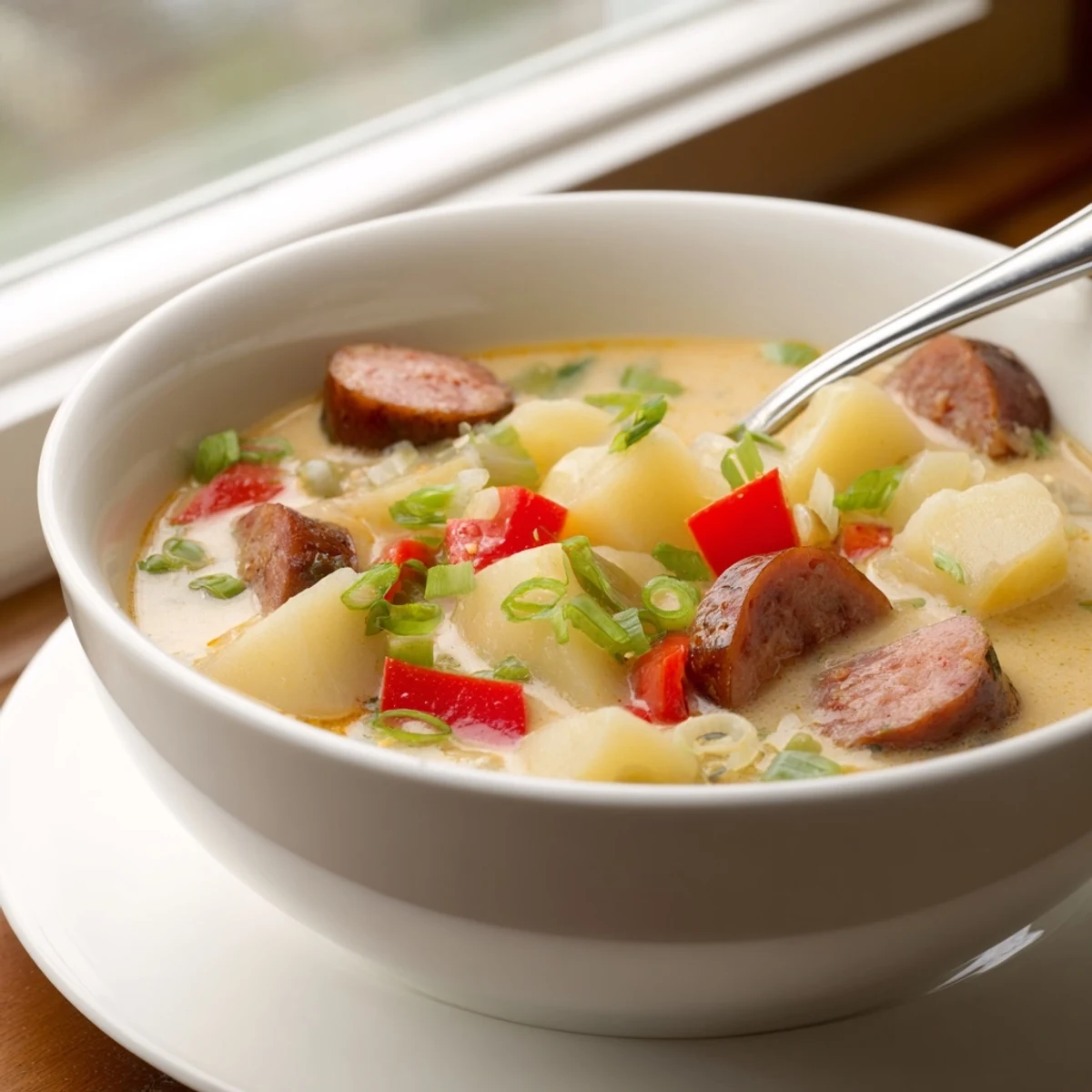 Hearty Cajun potato soup featuring tender potatoes, spicy sausage, and garnished green onions in a white serving bowl