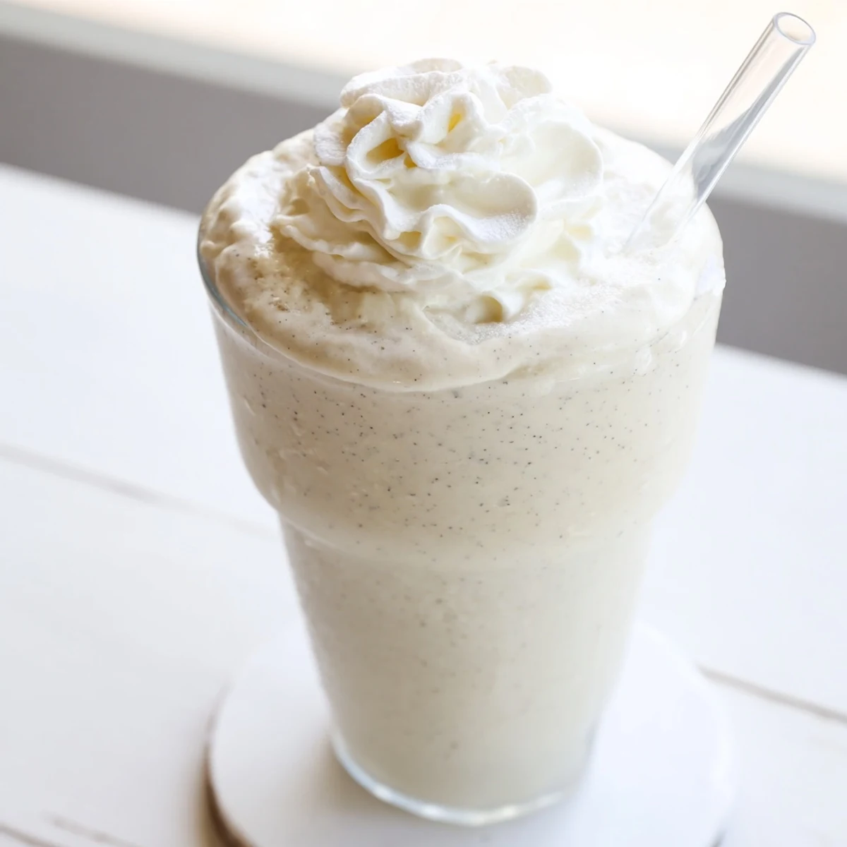 Blended vanilla bean frappuccino with specks of real vanilla and ice