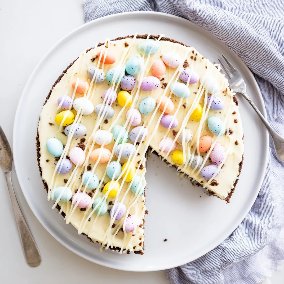 Creamy Easter Egg Cheesecake topped with colorful mini chocolate eggs on a dark chocolate cookie crust