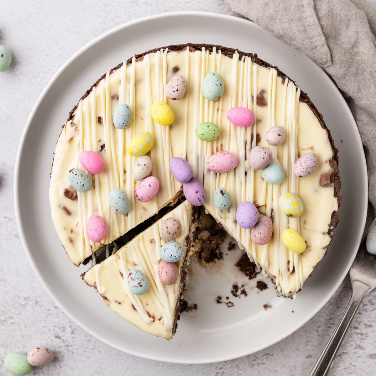 Slice of velvety Easter Egg Cheesecake decorated with pastel candies and white chocolate drizzle on serving plate