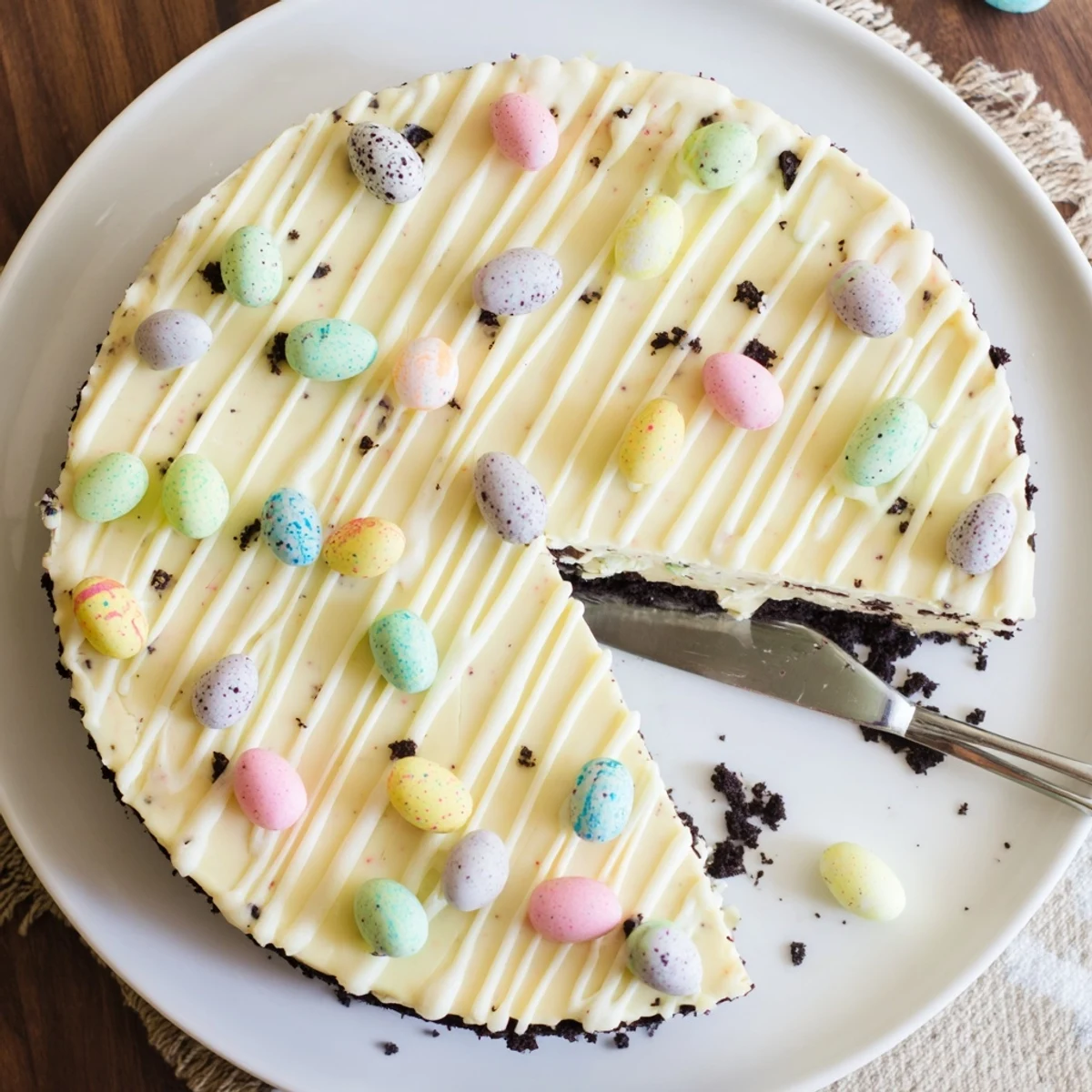 Festive Easter Egg Cheesecake featuring smooth vanilla filling crowned with vibrant chocolate Easter eggs for spring dessert
