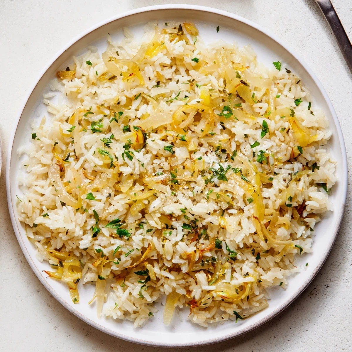 Spoonful of creamy French onion butter rice showing tender grains and savory onion strands