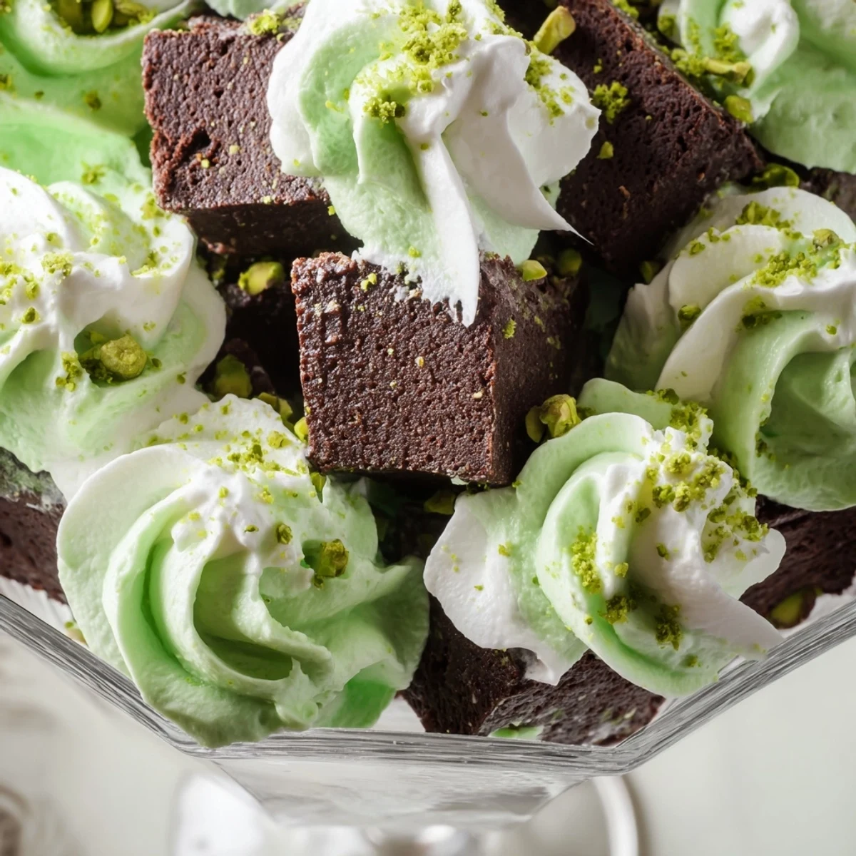 Glass trifle bowl showcasing St. Patricks Day Brownie Trifle with layers of chocolate brownie cubes and bright green pistachio pudding