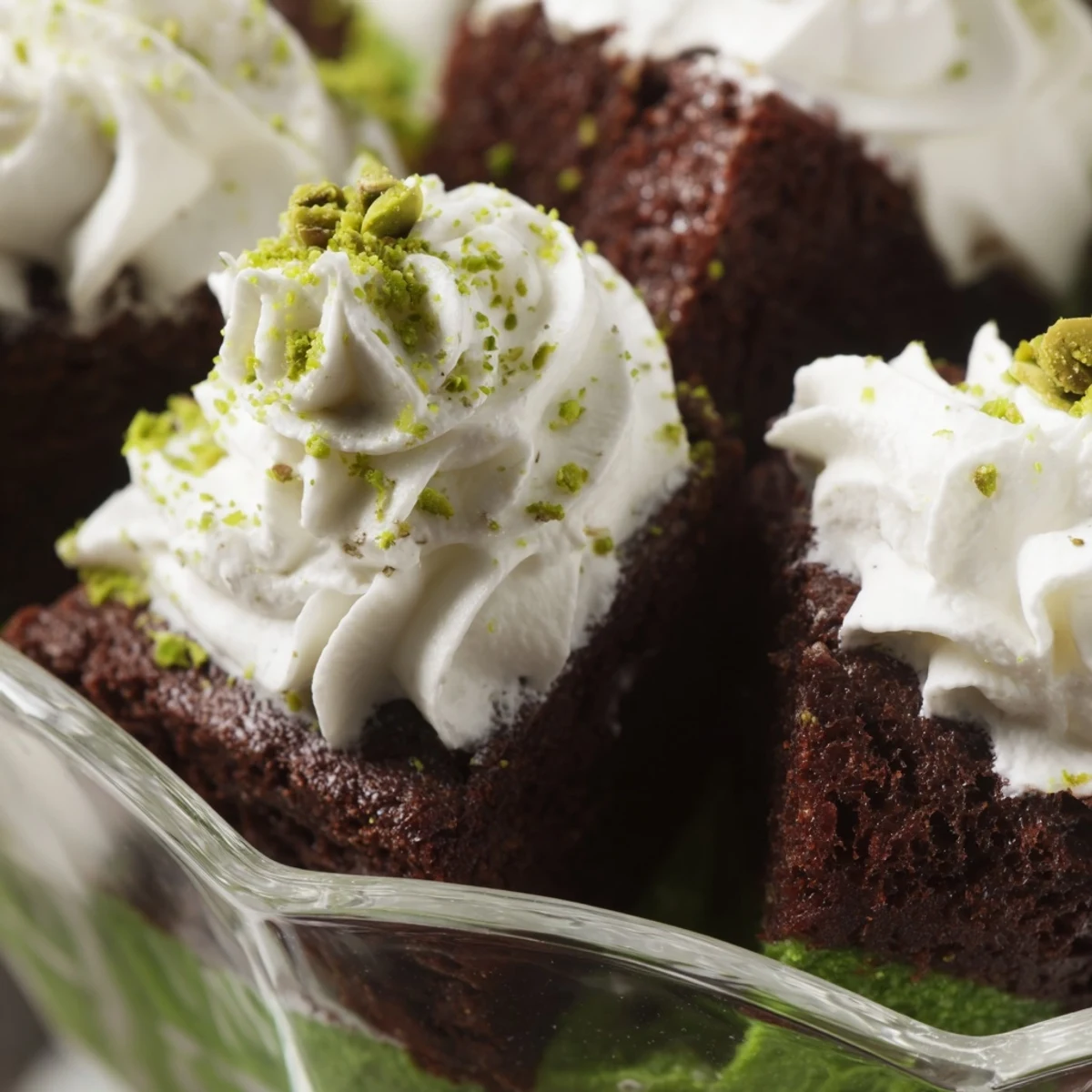 Indulgent St. Patricks Day Brownie Trifle displaying vertical layers of rich fudgy brownies, green pudding, and vanilla cream