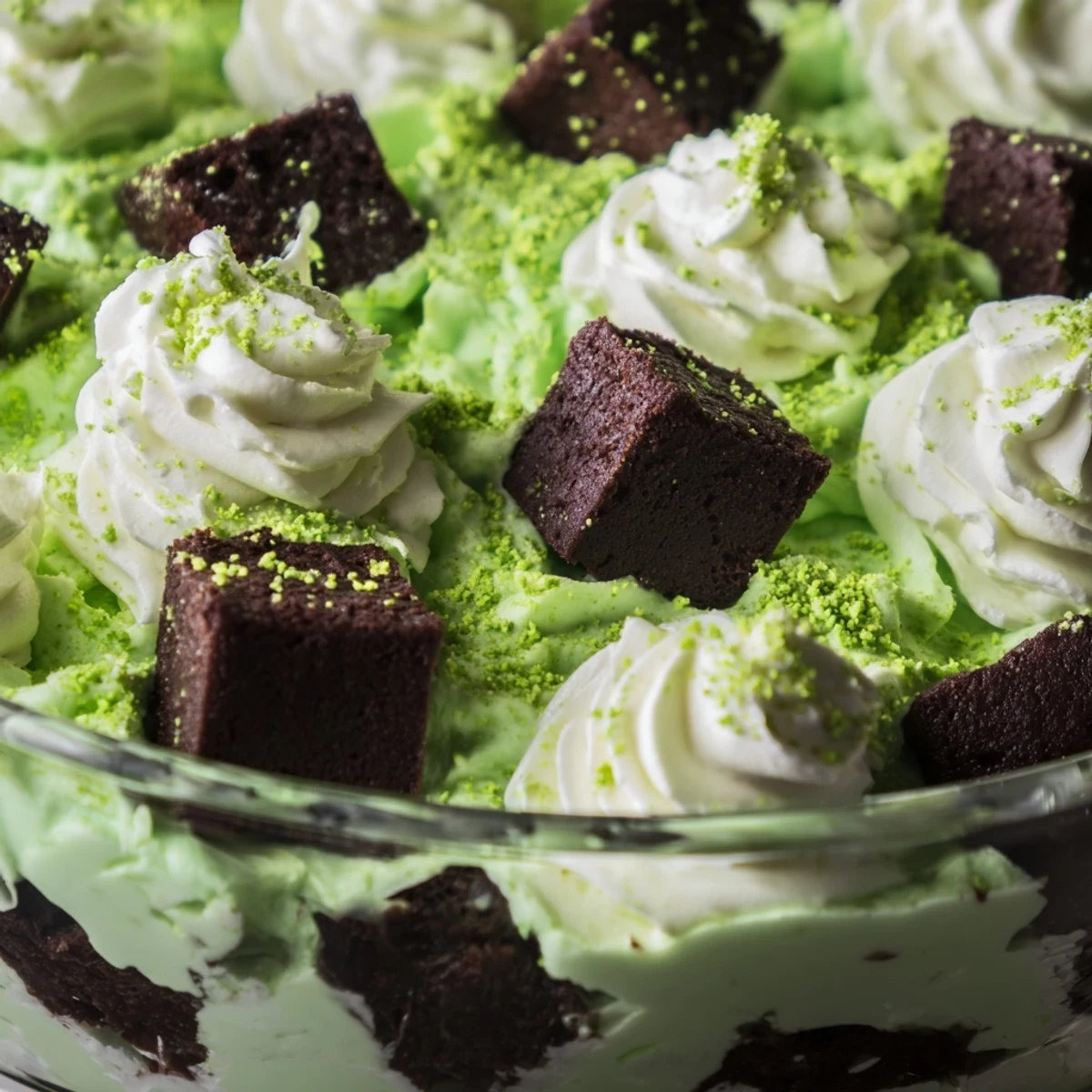 Festive St. Patricks Day Brownie Trifle topped with fluffy whipped cream and green sprinkles in a clear glass serving dish