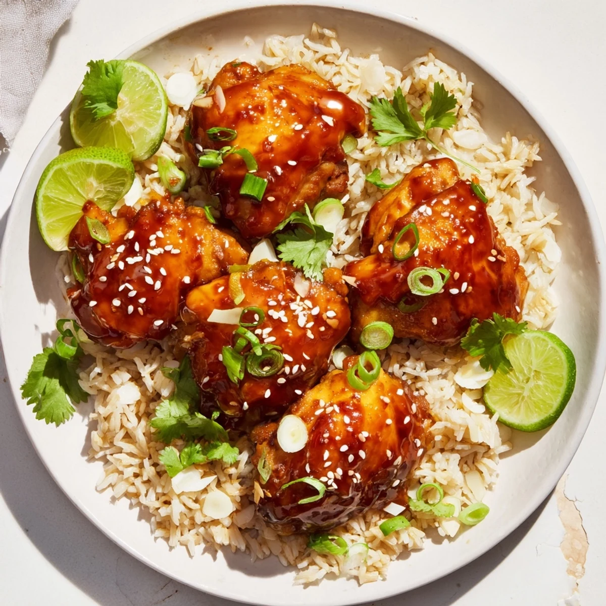 Golden brown glazed chicken resting atop fluffy coconut rice with vibrant green onion and cilantro garnish