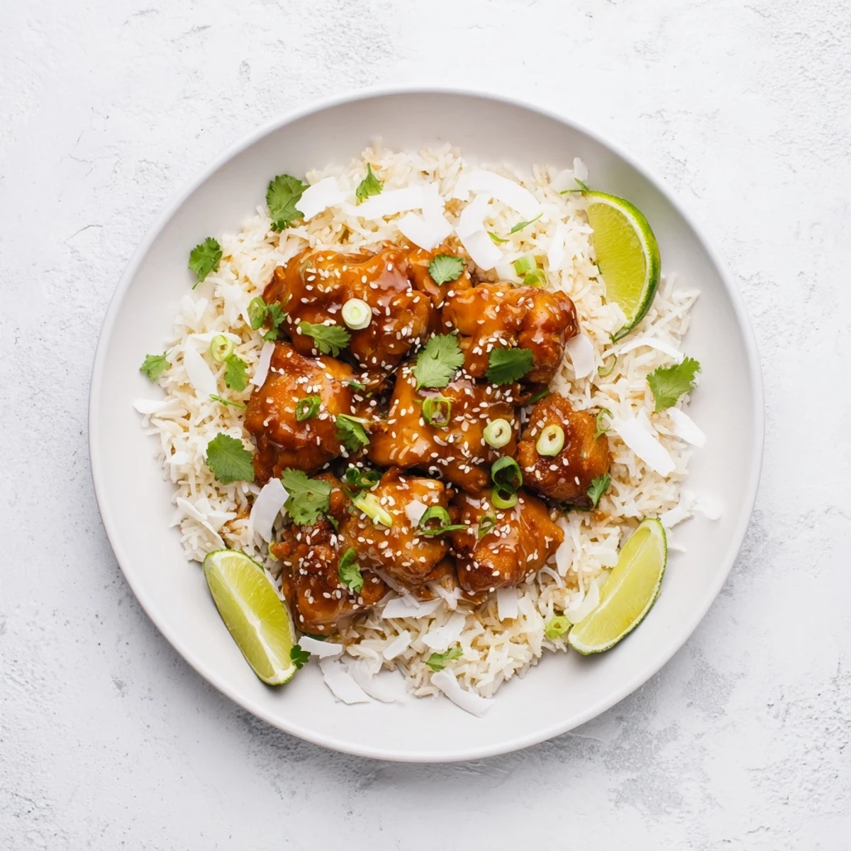 Spicy maple chicken thighs caramelized to perfection served over creamy coconut rice with sesame seed topping