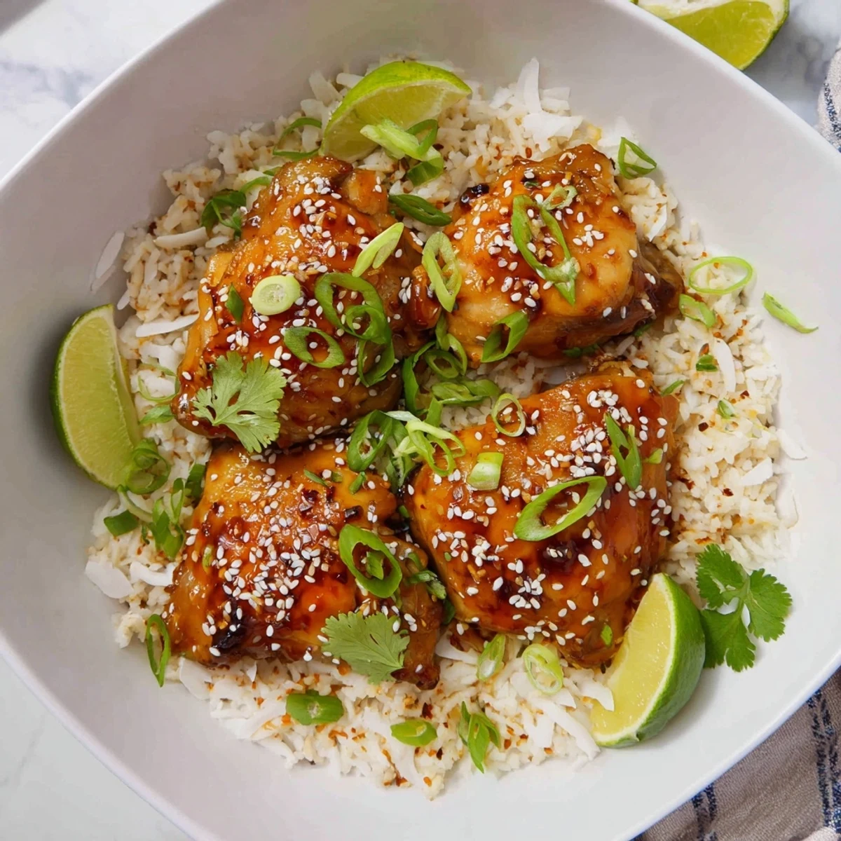 Tender spicy maple chicken plated on fragrant coconut rice garnished with fresh cilantro and lime wedges