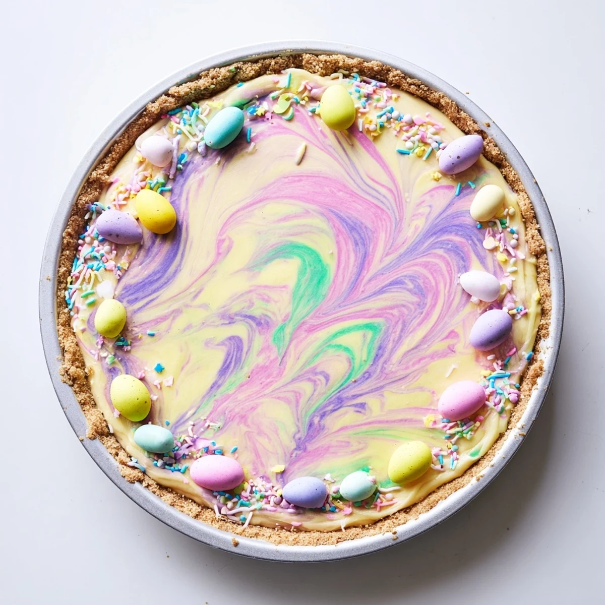 Creamy Easter Swirl Pie with pastel marbled vanilla filling in crisp cookie crust