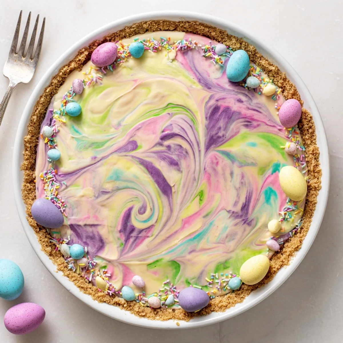 Festive Easter Swirl Pie topped with pastel sprinkles on a graham cracker base