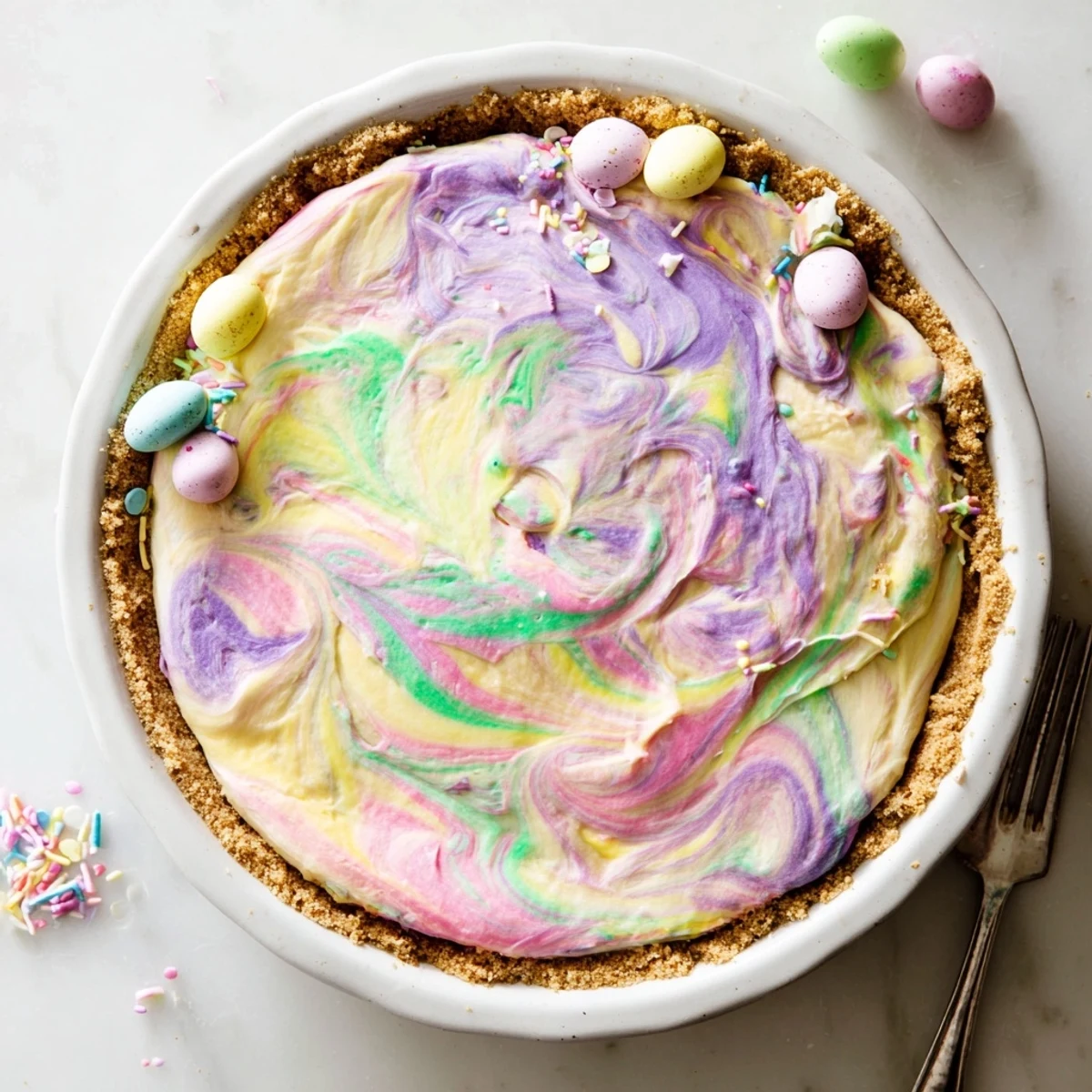 Sliced Easter Swirl Pie showing colorful pastel swirls of creamy vanilla cheesecake filling