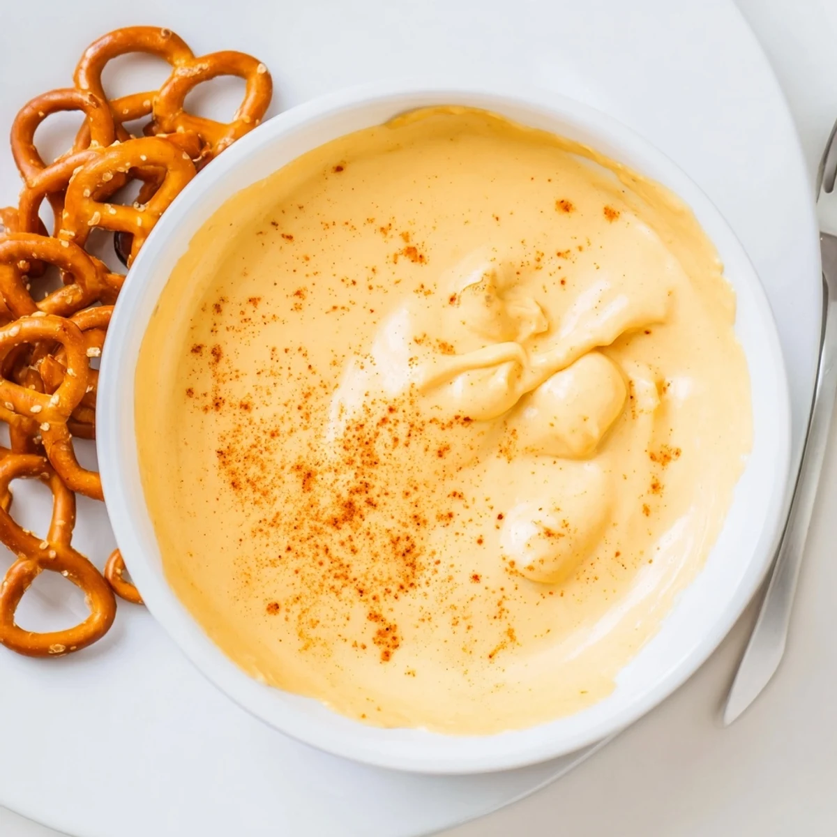 Golden cheese dip for pretzels bubbling in a white serving bowl with shredded cheddar melted on top