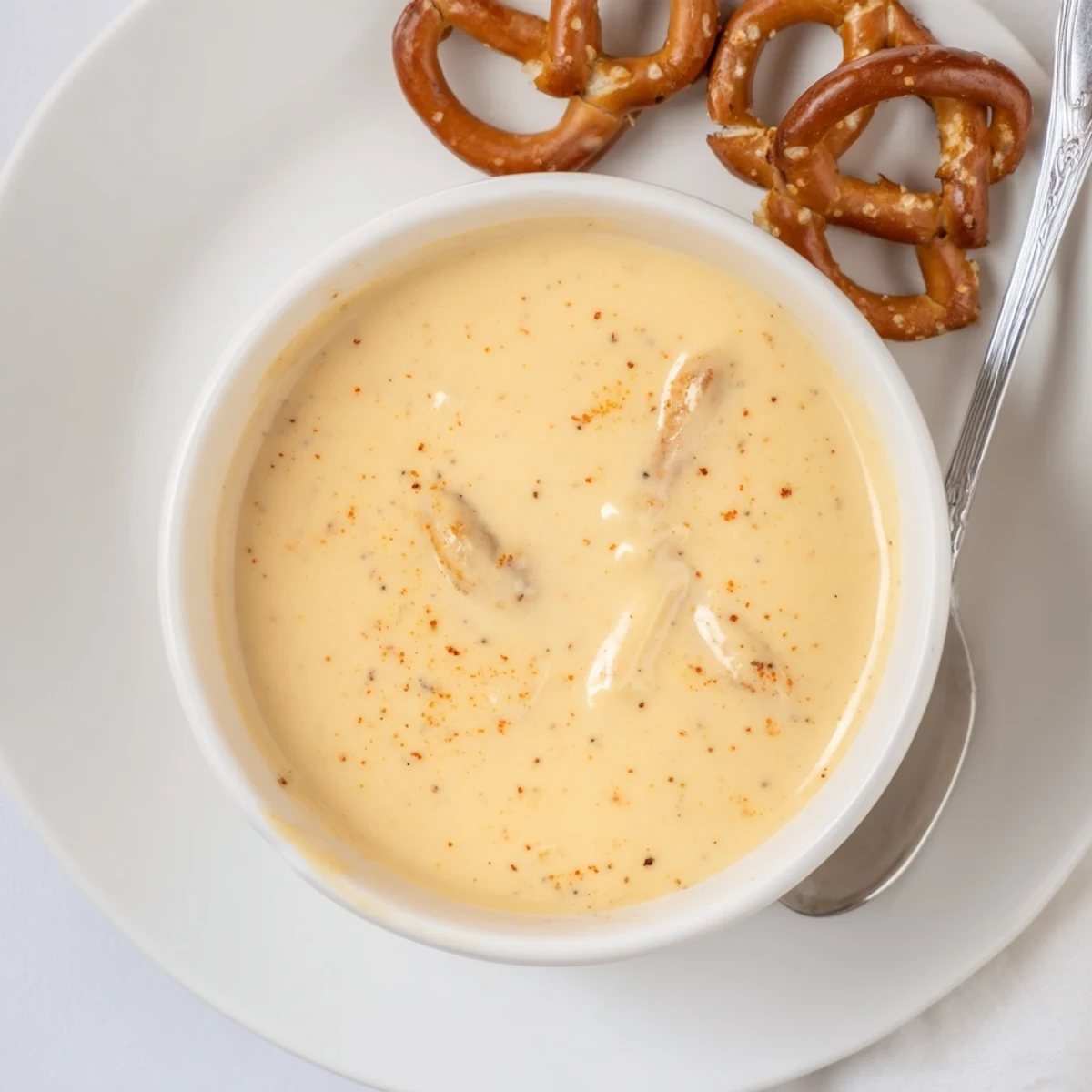 Creamy homemade cheese dip for pretzels served alongside warm salted soft pretzels on a wooden board