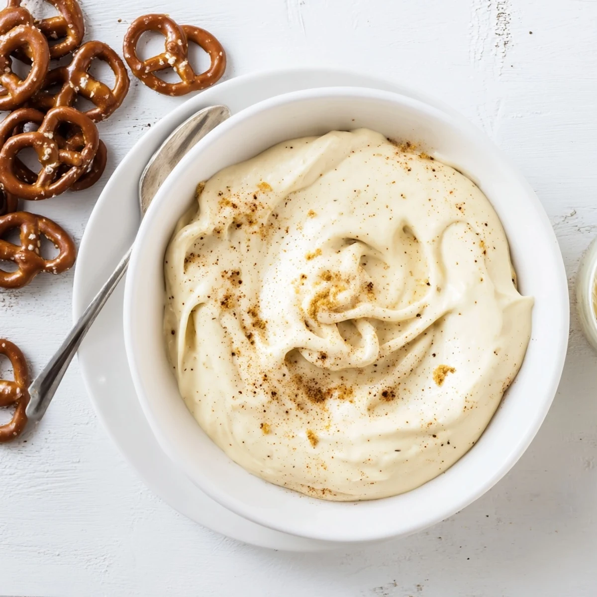 Rich orange cheddar cheese dip for pretzels being poured generously over twisted soft pretzel snacks