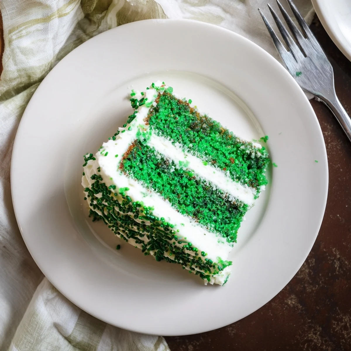 Festive St. Patricks Day cake showcasing vibrant green sponge layers with creamy vanilla frosting