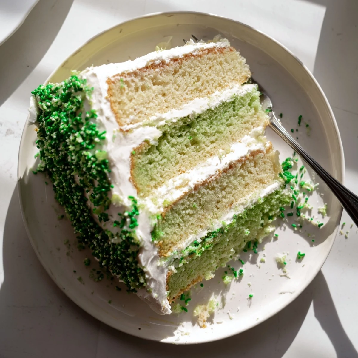 Triple-layer St. Patricks Day cake decorated with green sprinkles and smooth white buttercream frosting