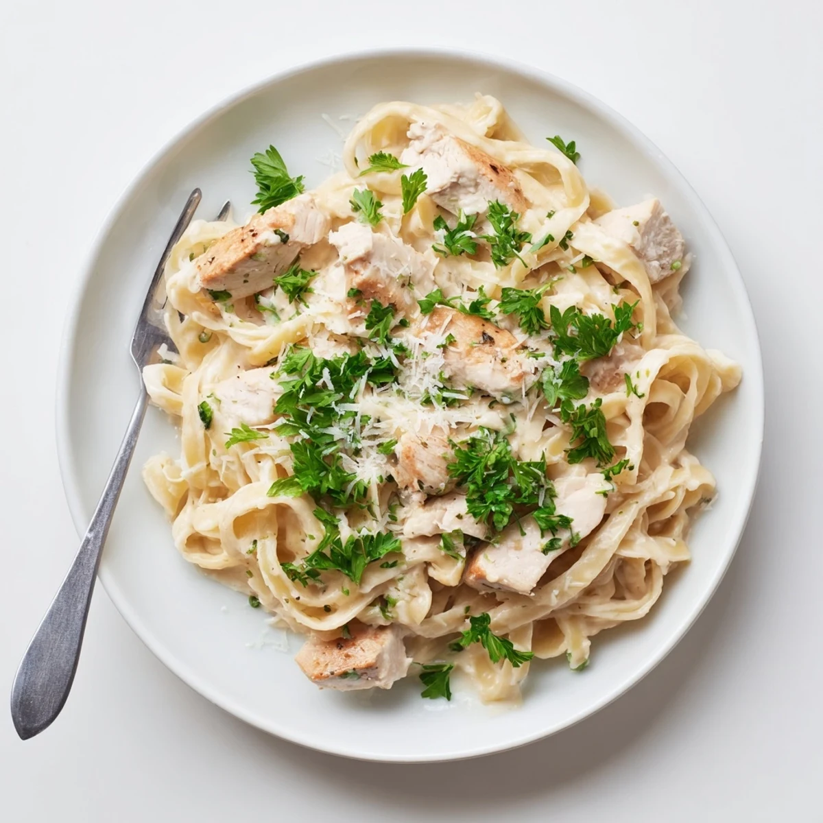 Golden brown sliced chicken breast served over fettuccine noodles coated in a velvety garlic Parmesan cream sauce