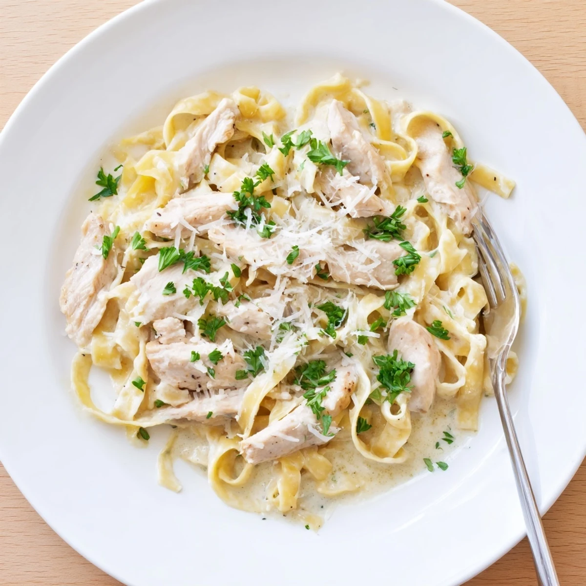 Steaming bowl of garlic Parmesan chicken pasta featuring tender meat pieces and al dente noodles in a smooth white sauce