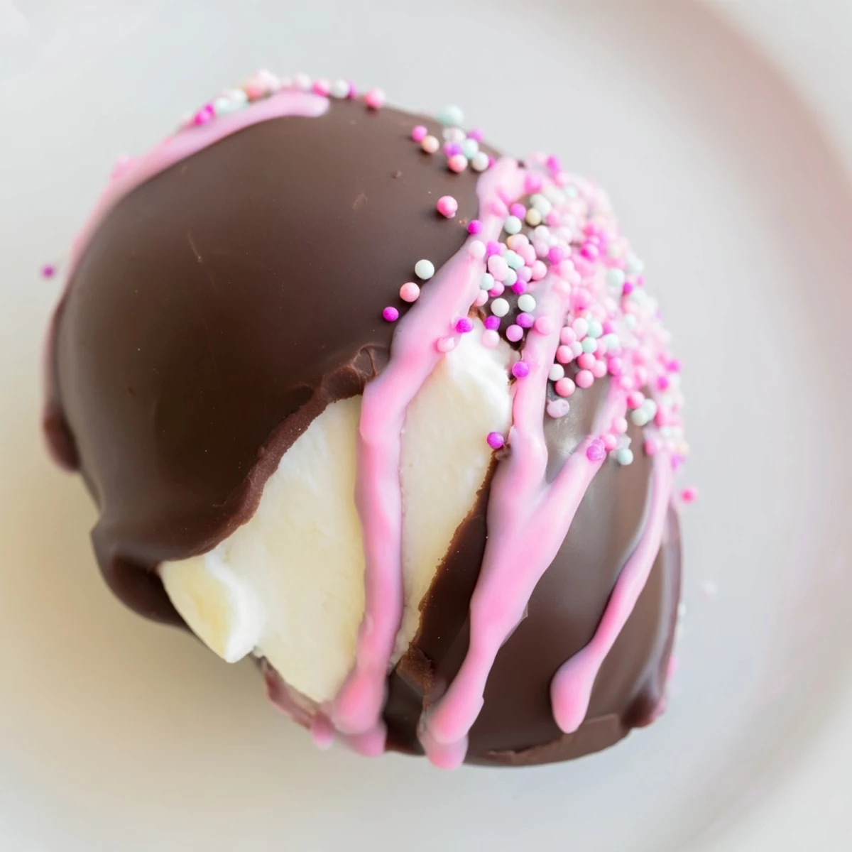 Creamy Cool Whip Easter eggs dipped in smooth chocolate topped with pastel sprinkles