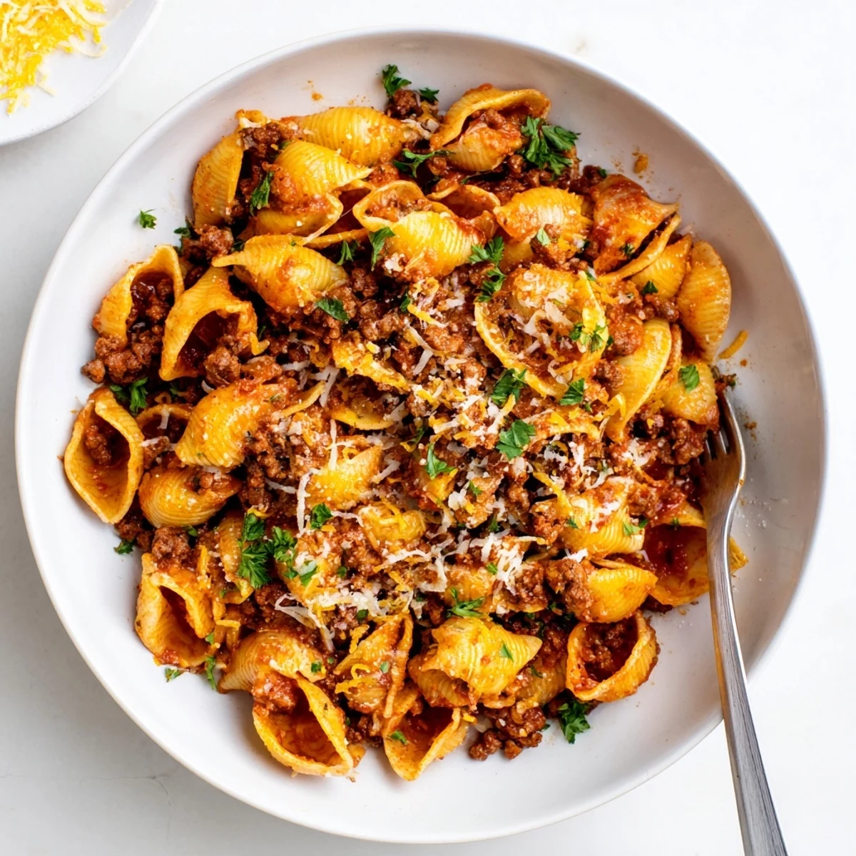 Close-up of cheesy beef shells pasta garnished with fresh parsley in a rustic serving dish