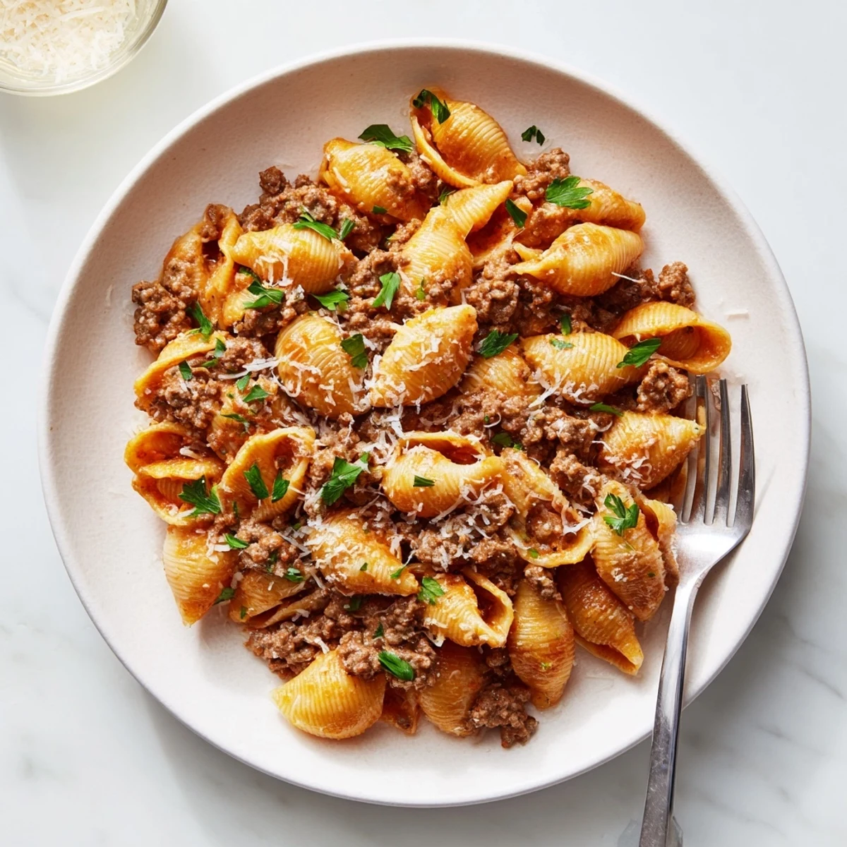 Creamy one pot beef shells with melted cheddar parmesan and tender pasta in a deep skillet