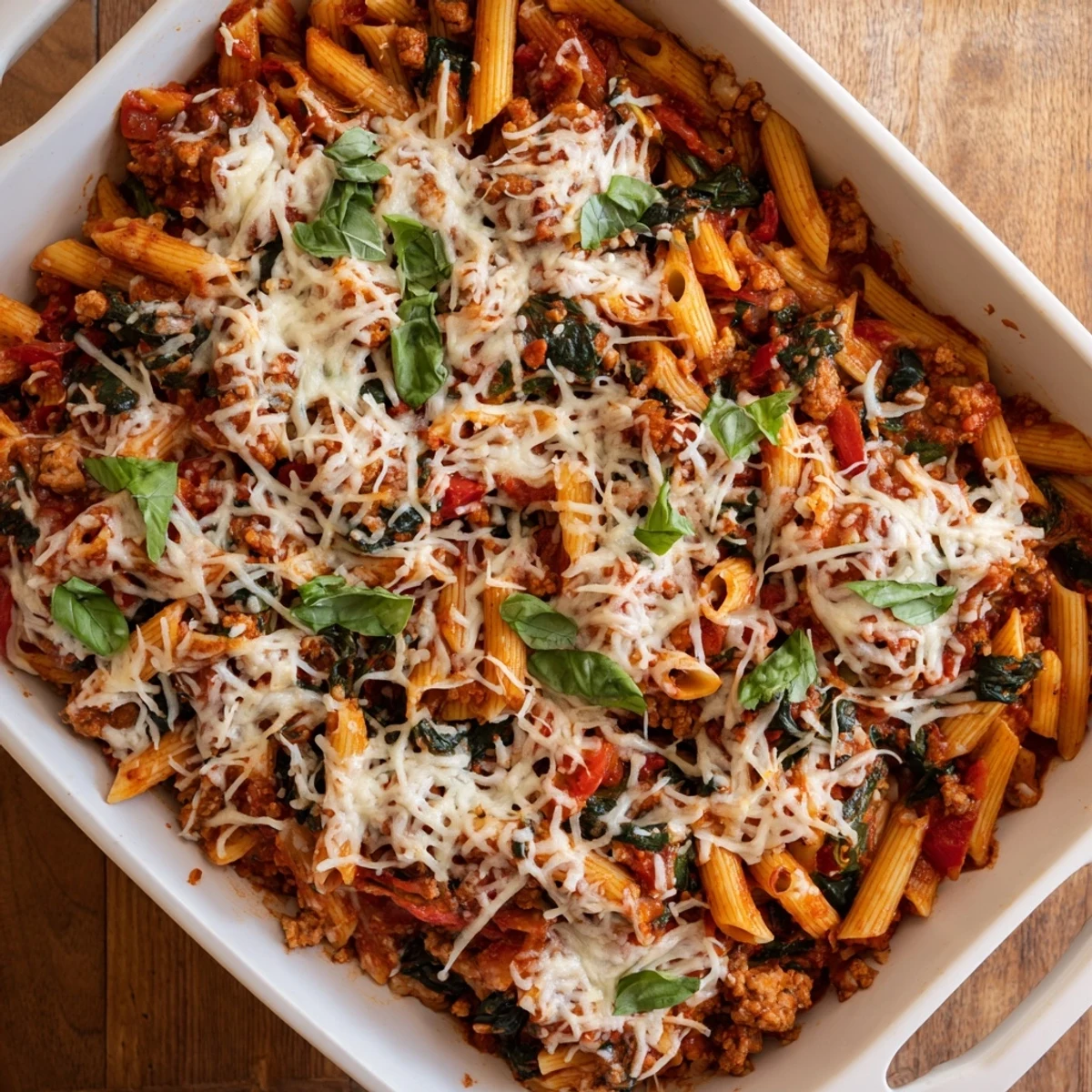 Golden brown homemade ground turkey pasta bake with bubbling melted mozzarella cheese topping