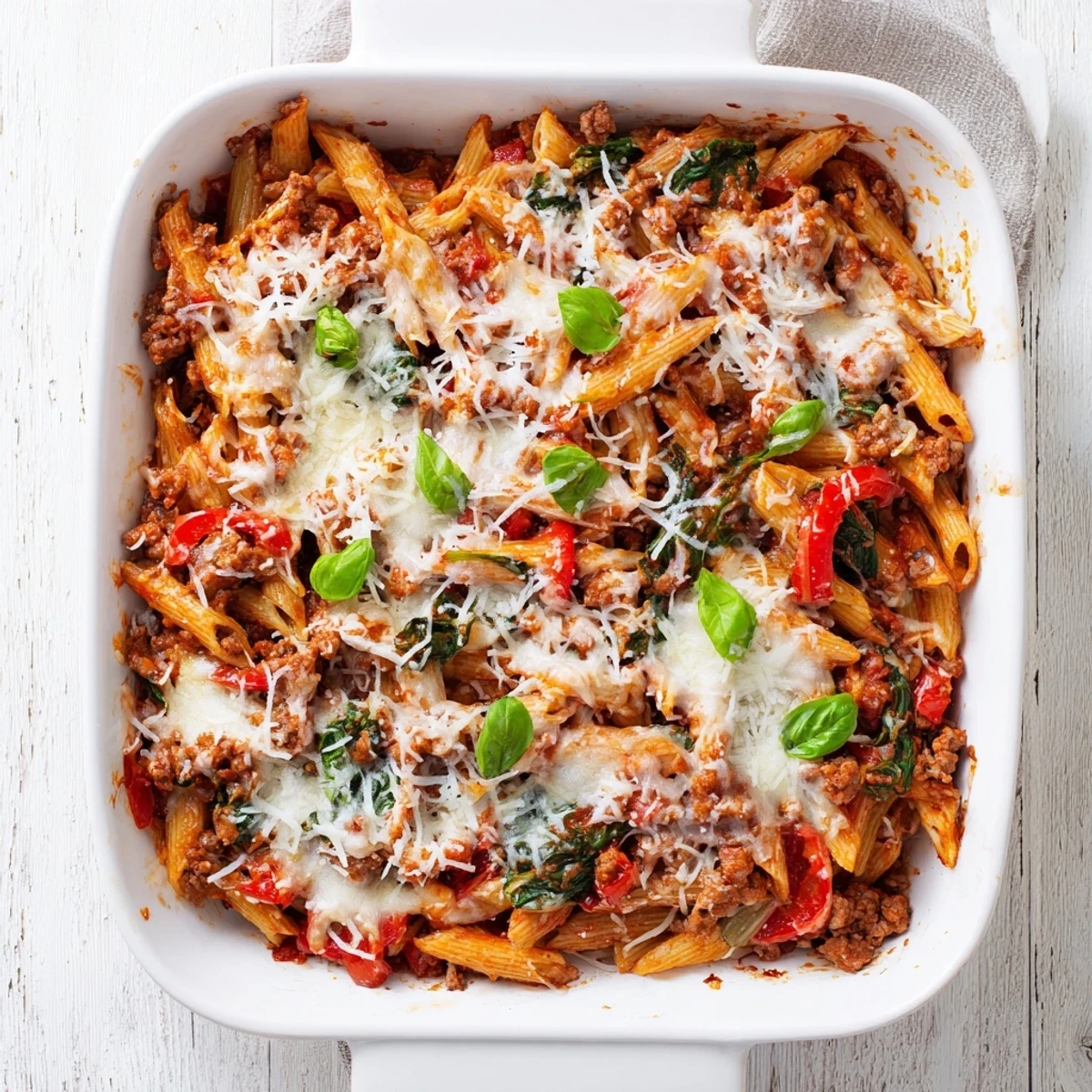 Steaming homemade ground turkey pasta bake garnished with fresh green basil leaves