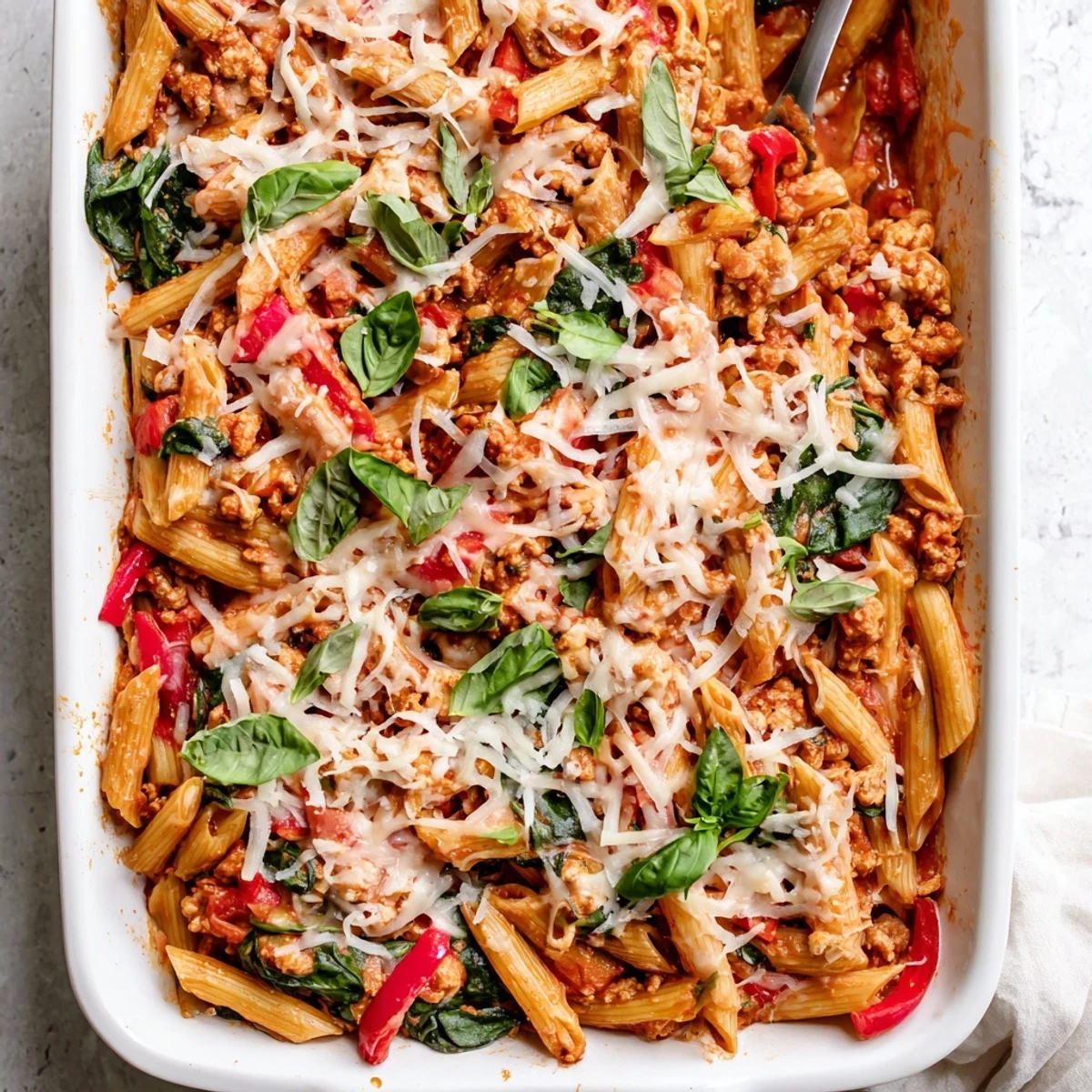 Comforting homemade ground turkey pasta bake served in a white ceramic baking dish