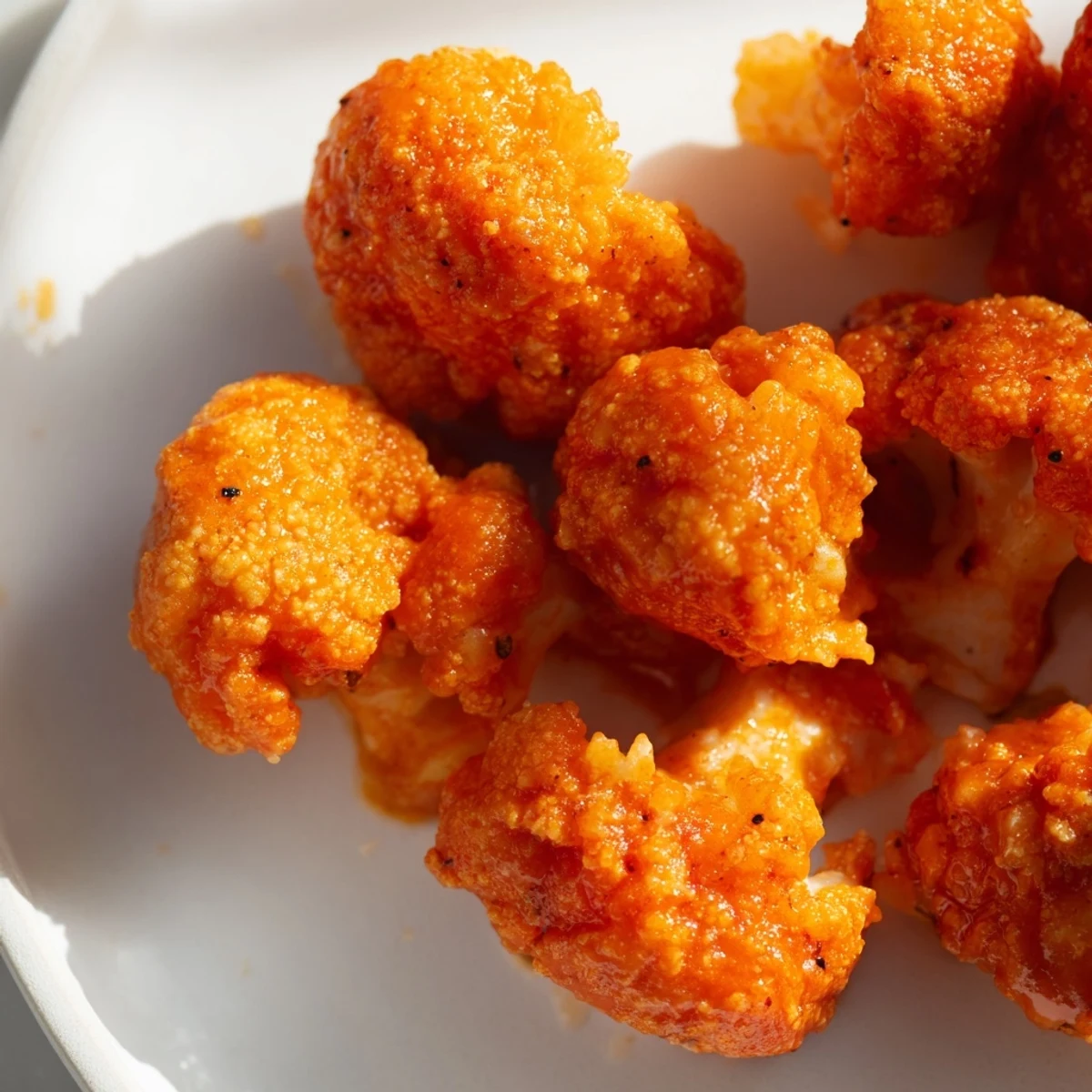 Golden Buffalo cauliflower bites arranged on a white platter with vibrant celery and carrot sticks, coated in spicy red buffalo sauce and garnished with fresh parsley.